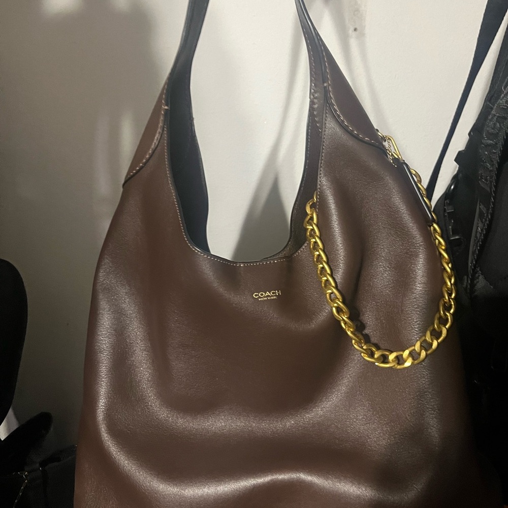 Coach Brooklyn 39  Brown and Gold Hobo Bag with Leather and Chain Detail